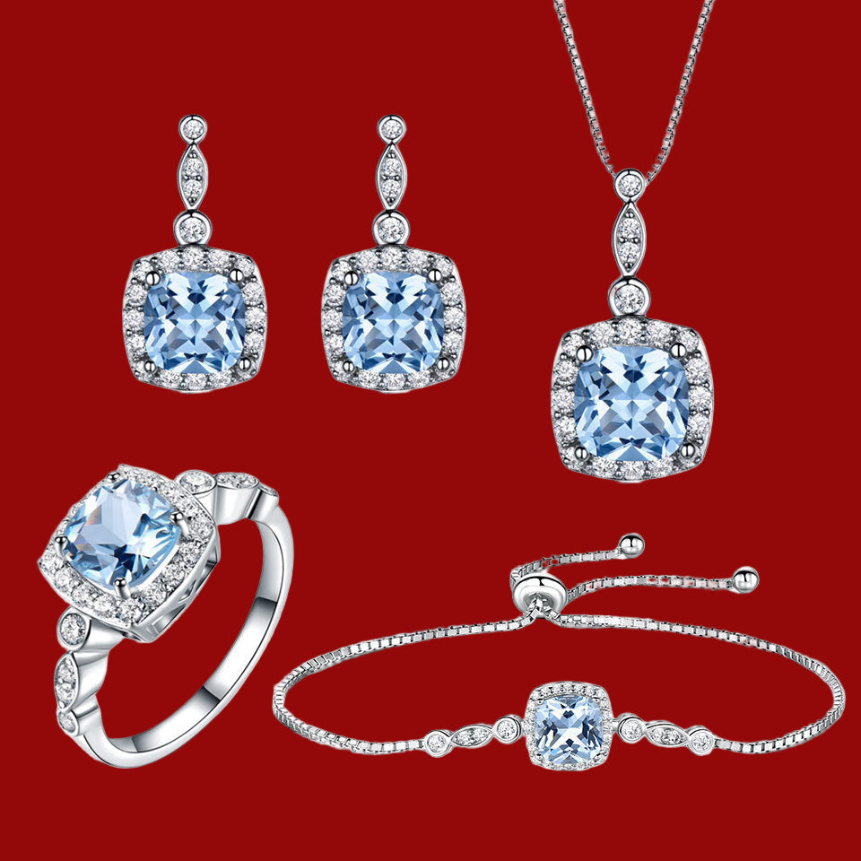 925 Sterling Silver Necklace Sky Blue Topaz Four-Piece Set