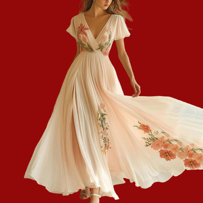 Floral V-Neck Pleated Chiffon Maxi Dress
