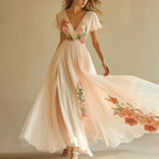 Floral V-Neck Pleated Chiffon Maxi Dress