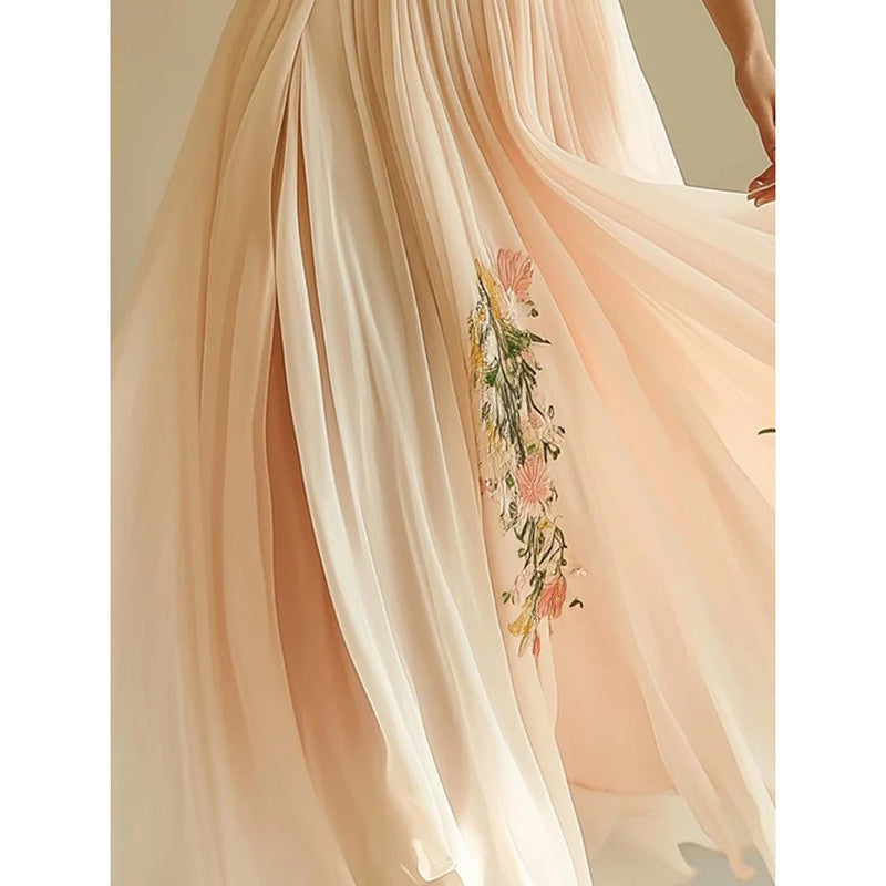 Floral V-Neck Pleated Chiffon Maxi Dress