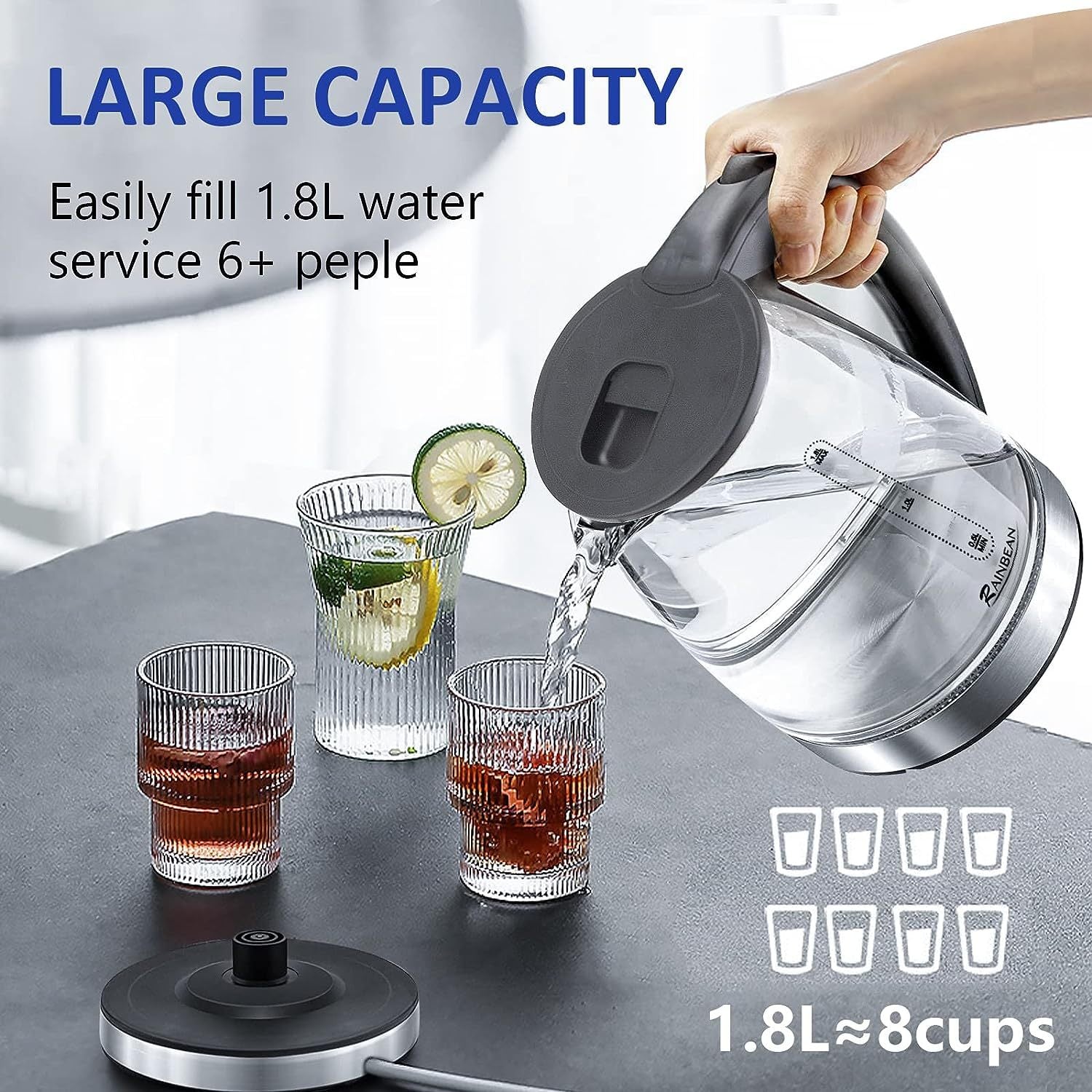 1.8L Glass Electric Kettle with LED Light