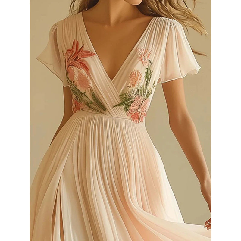 Floral V-Neck Pleated Chiffon Maxi Dress