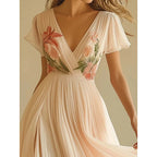 Floral V-Neck Pleated Chiffon Maxi Dress