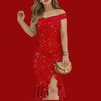 Ruffled High-Slit Off-Shoulder Party Dress