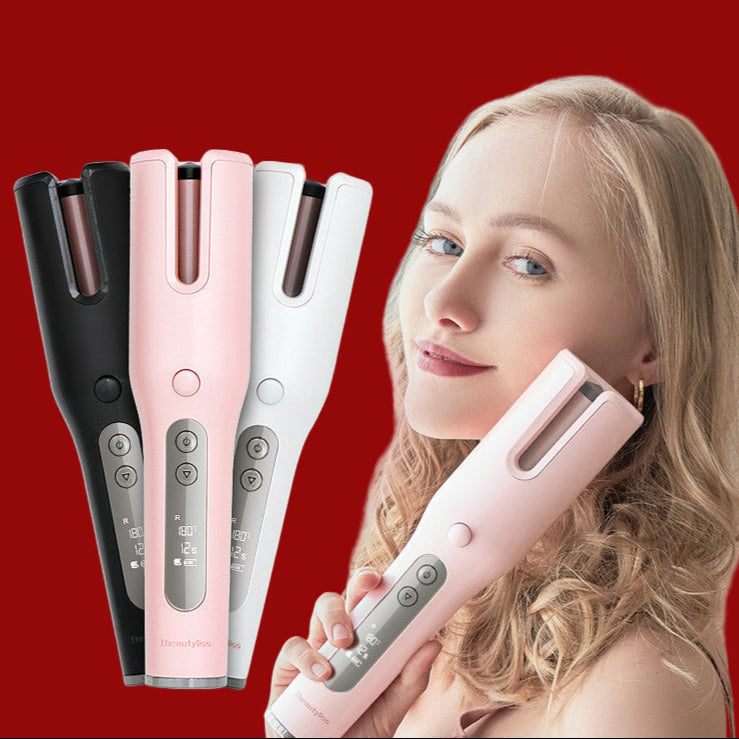 Rechargeable wireless automatic curler with three color options and a model using it on a pink background.