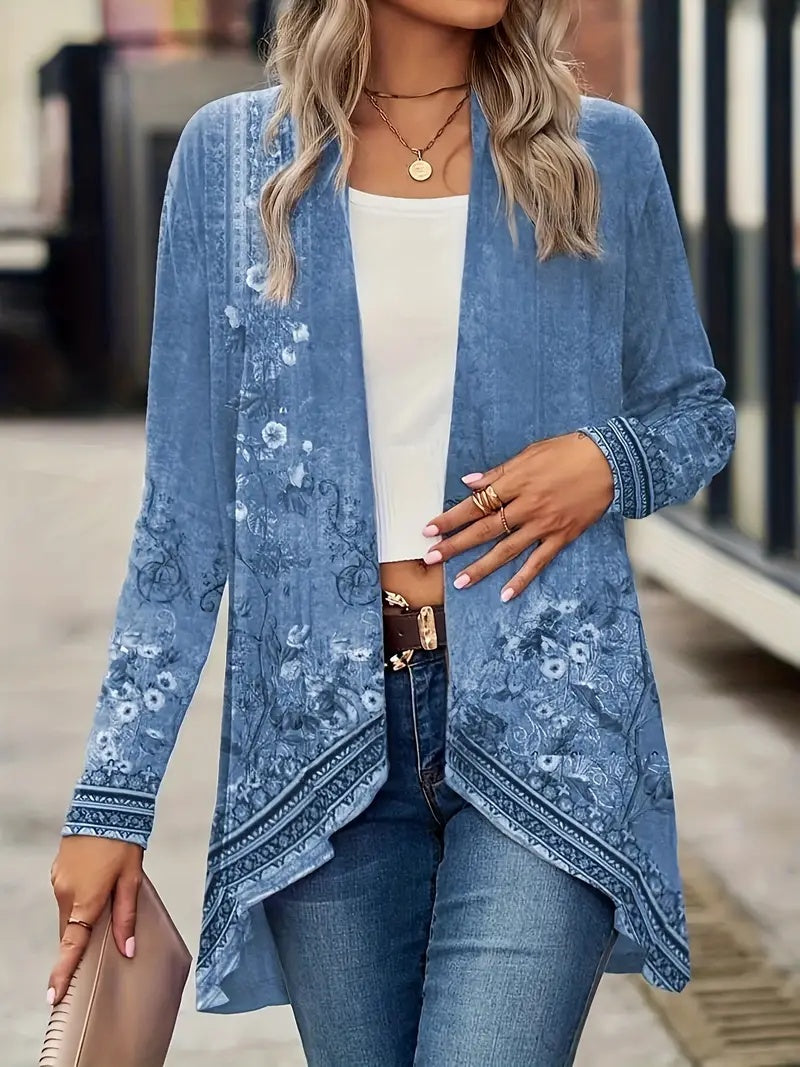 Blue Casual Printed Long Sleeve Jacket