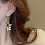 Silver Stud Rhinestone-encrusted Butterfly Tassel Earrings