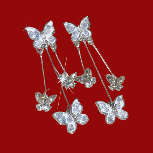 Silver Stud Rhinestone-encrusted Butterfly Tassel Earrings